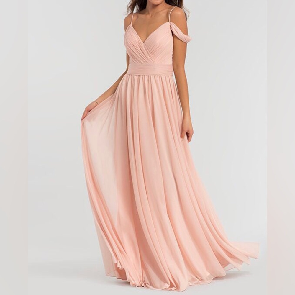 Kleinfeld Maxi Dress Size 12 Formal Peach Cold Off Shoulder Pleated Chiffon